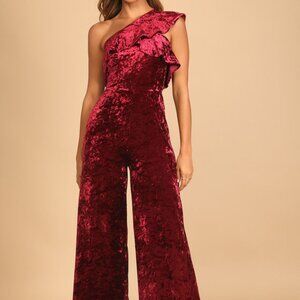 LULUS Burgundy Velvet One-Shoulder Jumpsuit – Size Small
